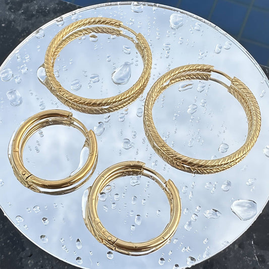 Tia Textured Hoop Earrings, 18K Gold Plated Steel