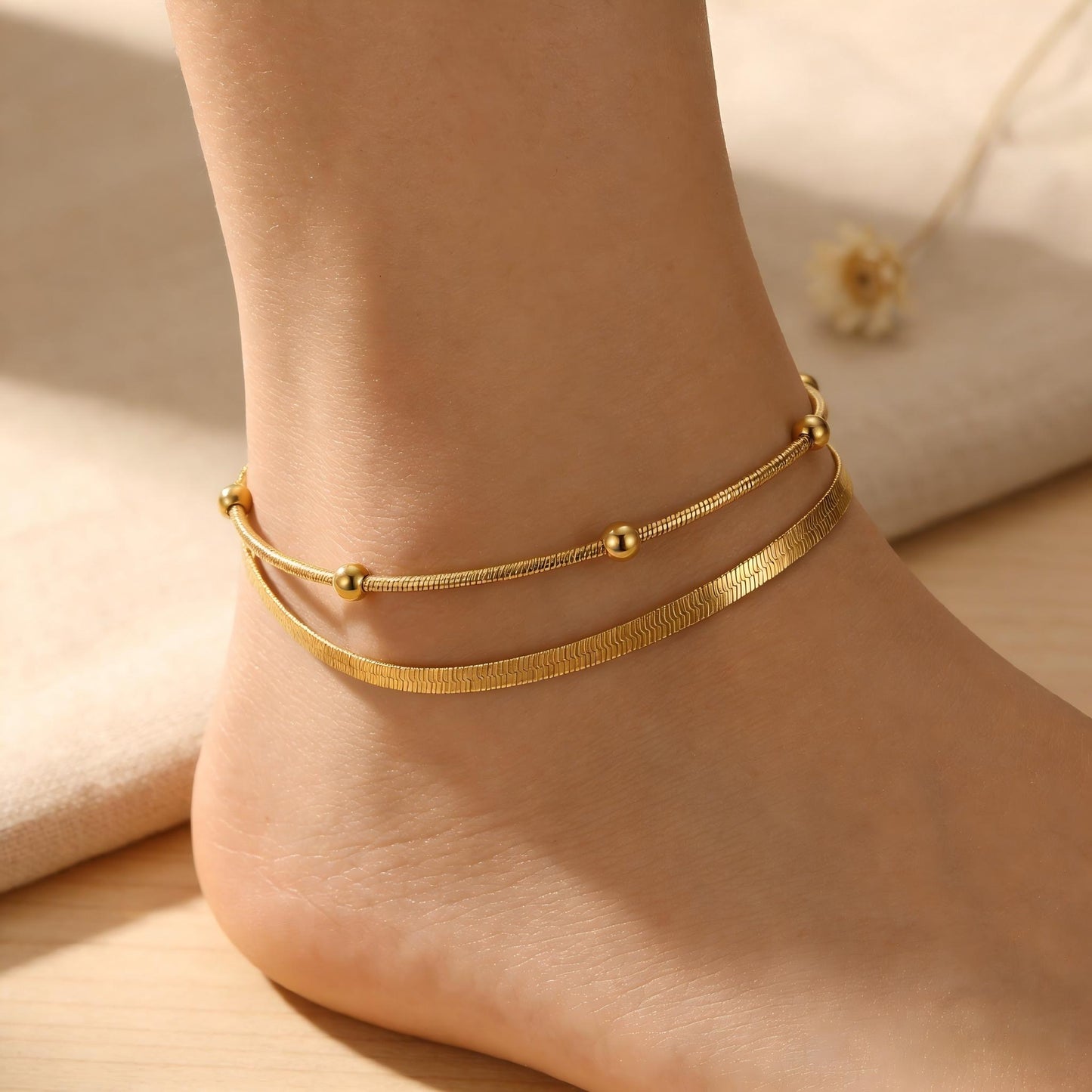 Dubs layered Anklet, 18K Gold Plated Steel Hypoallergenic Waterproof Tarnish Free Jewelry
