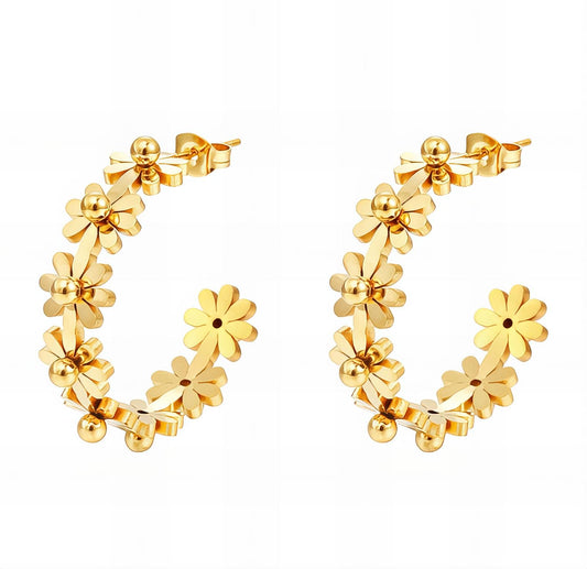 Ceci Hoop Flower Meadow Earrings, 18K Gold Plated Steel
