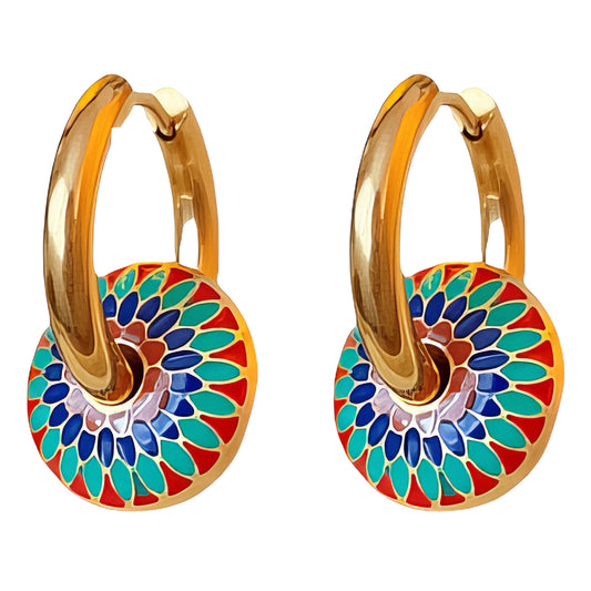 Fluer Medallion Earrings, 18K Gold Plated Steel