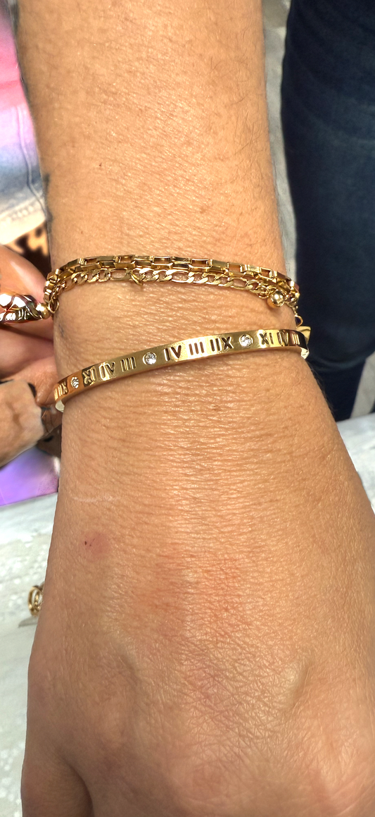 Kelly Roman Numeral Bracelet Bangle, 18K Gold Plated Steel