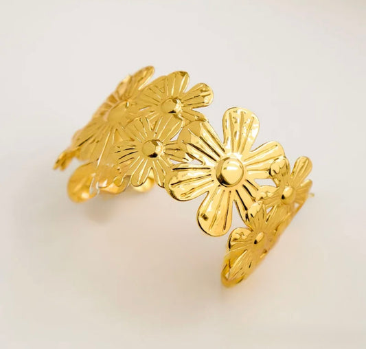 Flower Power 18K Gold-Plated Open Hand Bracelet Bangle Jewelry Cuff