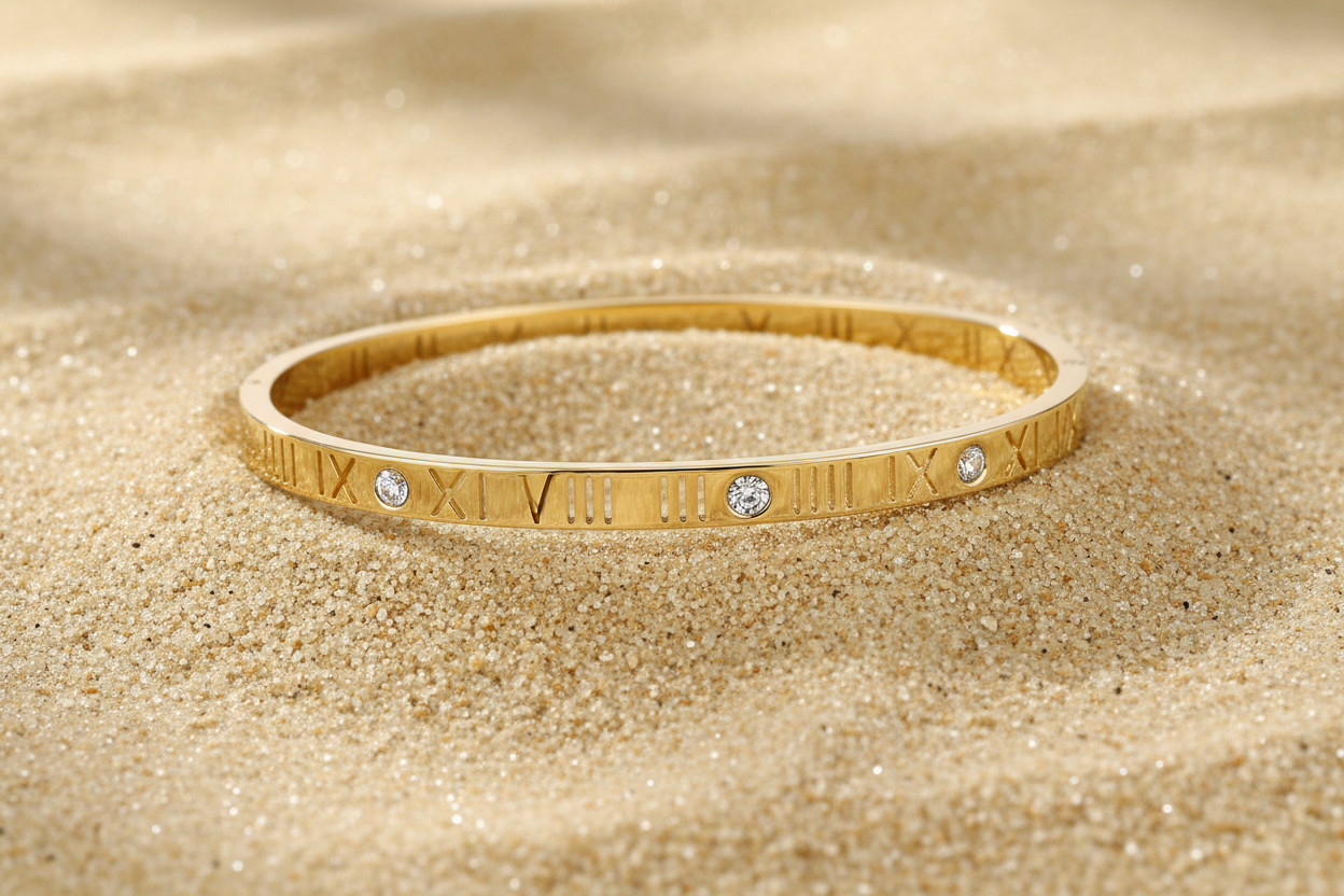 Kelly Roman Numeral Bracelet Bangle, 18K Gold Plated Steel