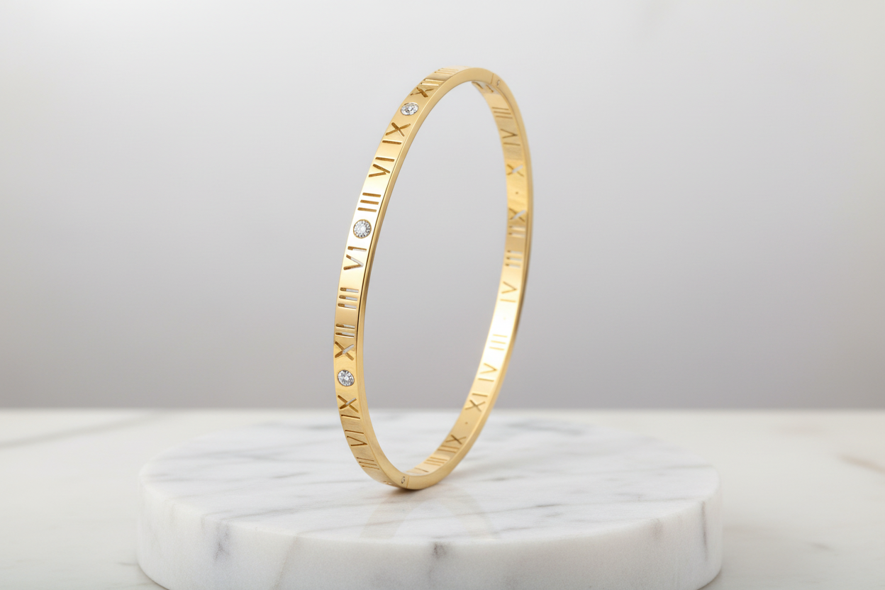 Kelly Roman Numeral Bracelet Bangle, 18K Gold Plated Steel