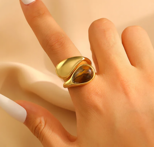 Letig 18K Gold-Plated Stainless Tiger’s EyeSplit Steel Ring Jewelry