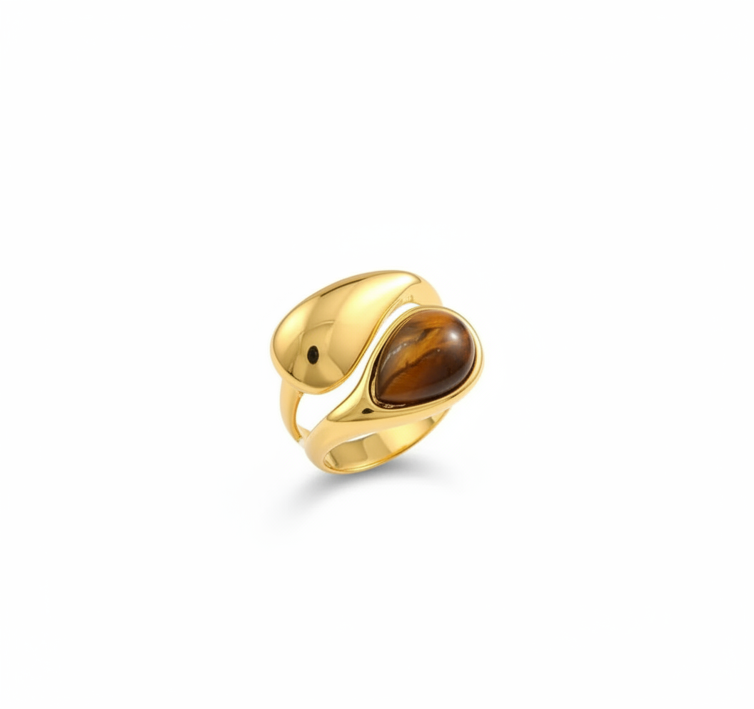 Letig 18K Gold-Plated Stainless Tiger’s EyeSplit Steel Ring Jewelry