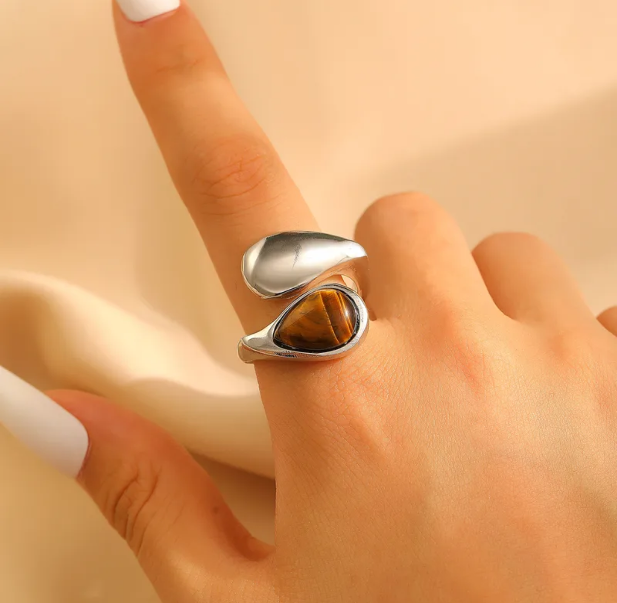 Letig 18K Gold-Plated Stainless Tiger’s EyeSplit Steel Ring Jewelry