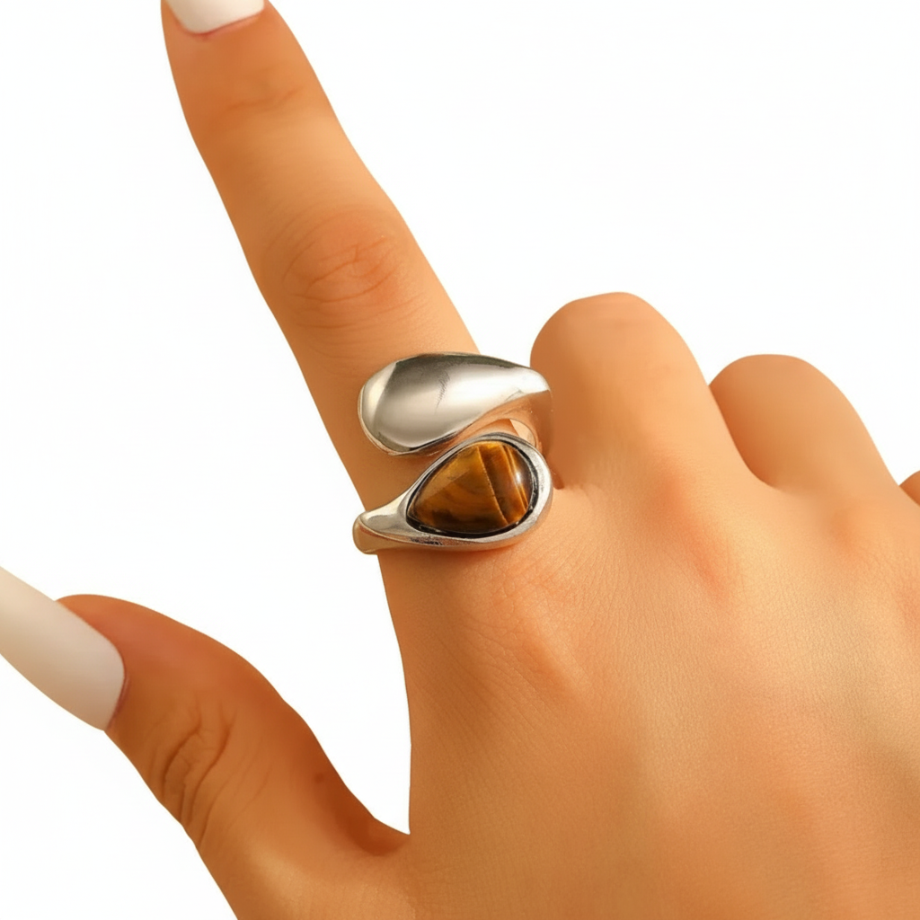 Letig 18K Gold-Plated Stainless Tiger’s EyeSplit Steel Ring Jewelry