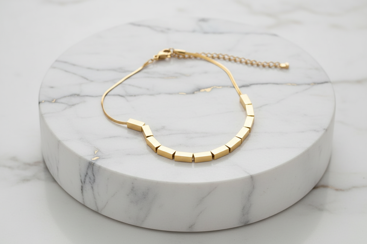Square Up Bracelet, 18K Gold Plated Steel Hypoallergenic Waterproof Tarnish Free Jewelry